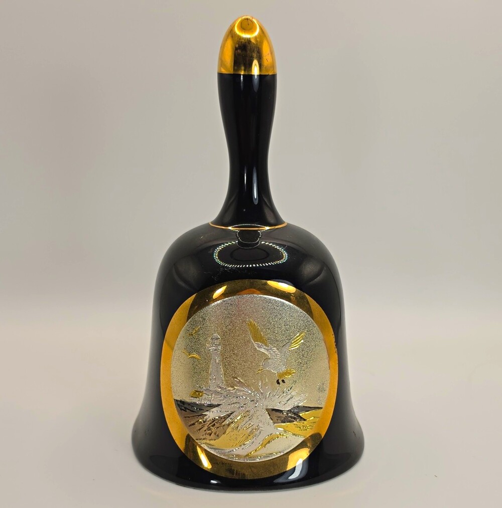 Chokin Ceramic Decorative Bell Glossy Black Gold Silver Lighthouse Seagull